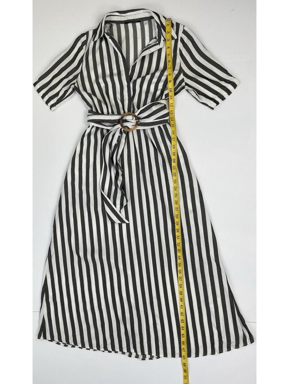 T Tahari Women's Charcoal Black White Striped Belted Shirtdress  Nautical SM - Picture 8 of 11